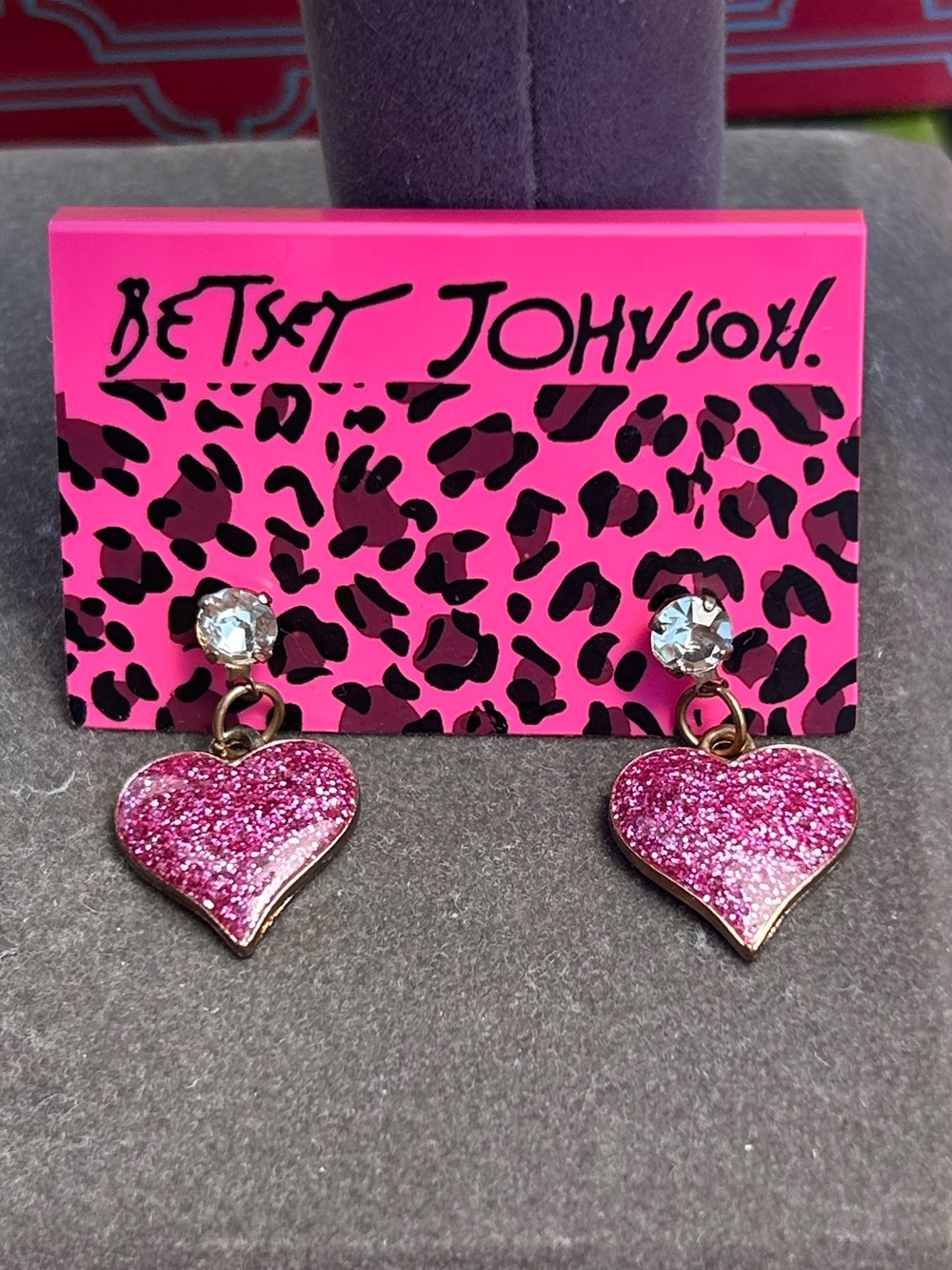 Betsey Johnson Heart Drop Earrings with Pink Glitter Finish